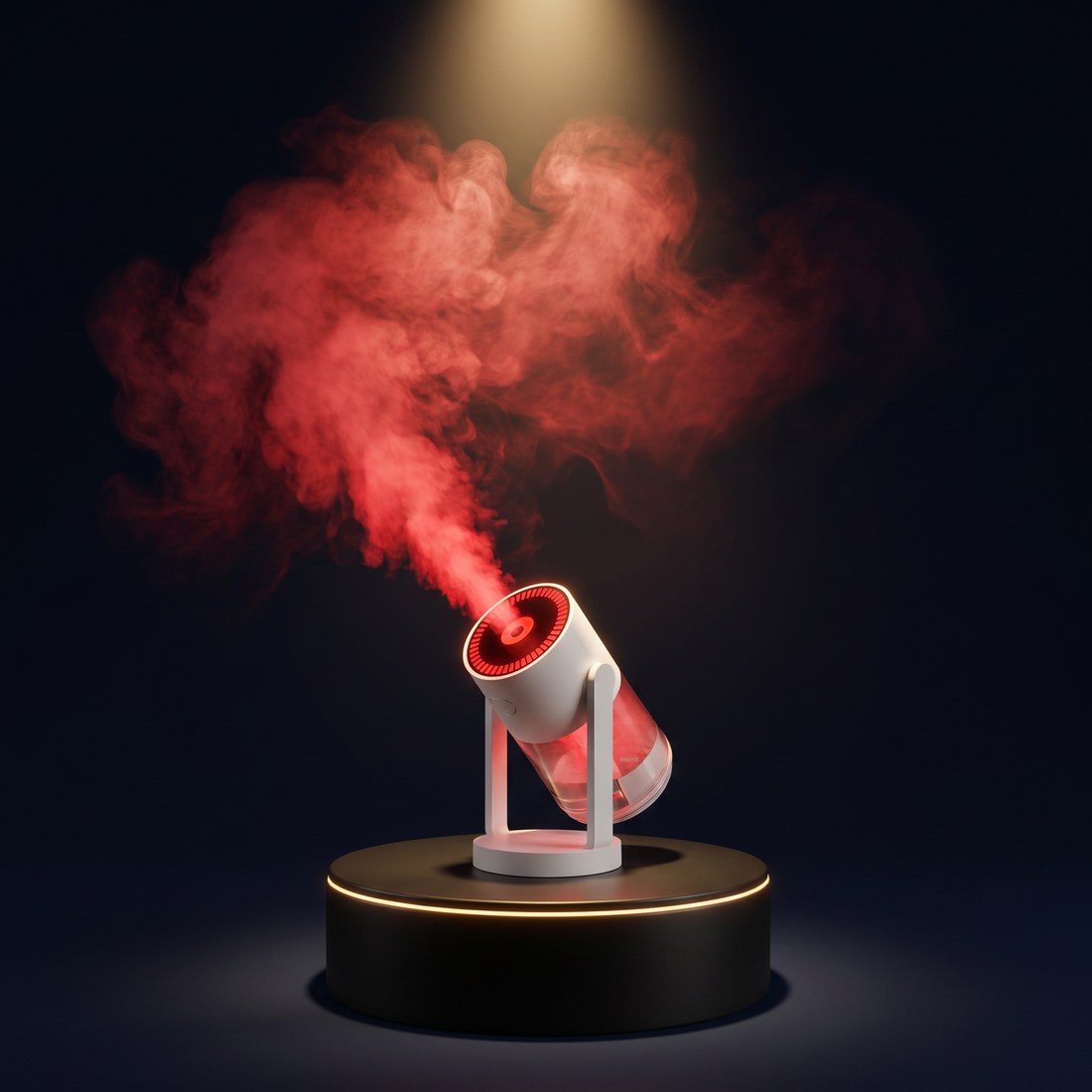 The Solis Nimbus humidifier on a lit podium with a red-lit plume of mist rising from its tilted nozzle
