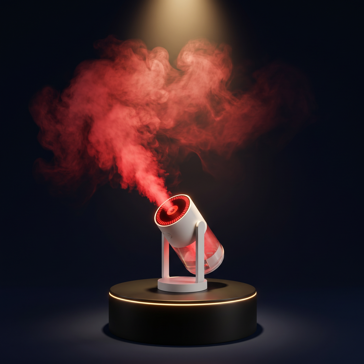 The Solis Nimbus humidifier on a lit podium with a red-lit plume of mist rising from its tilted nozzle