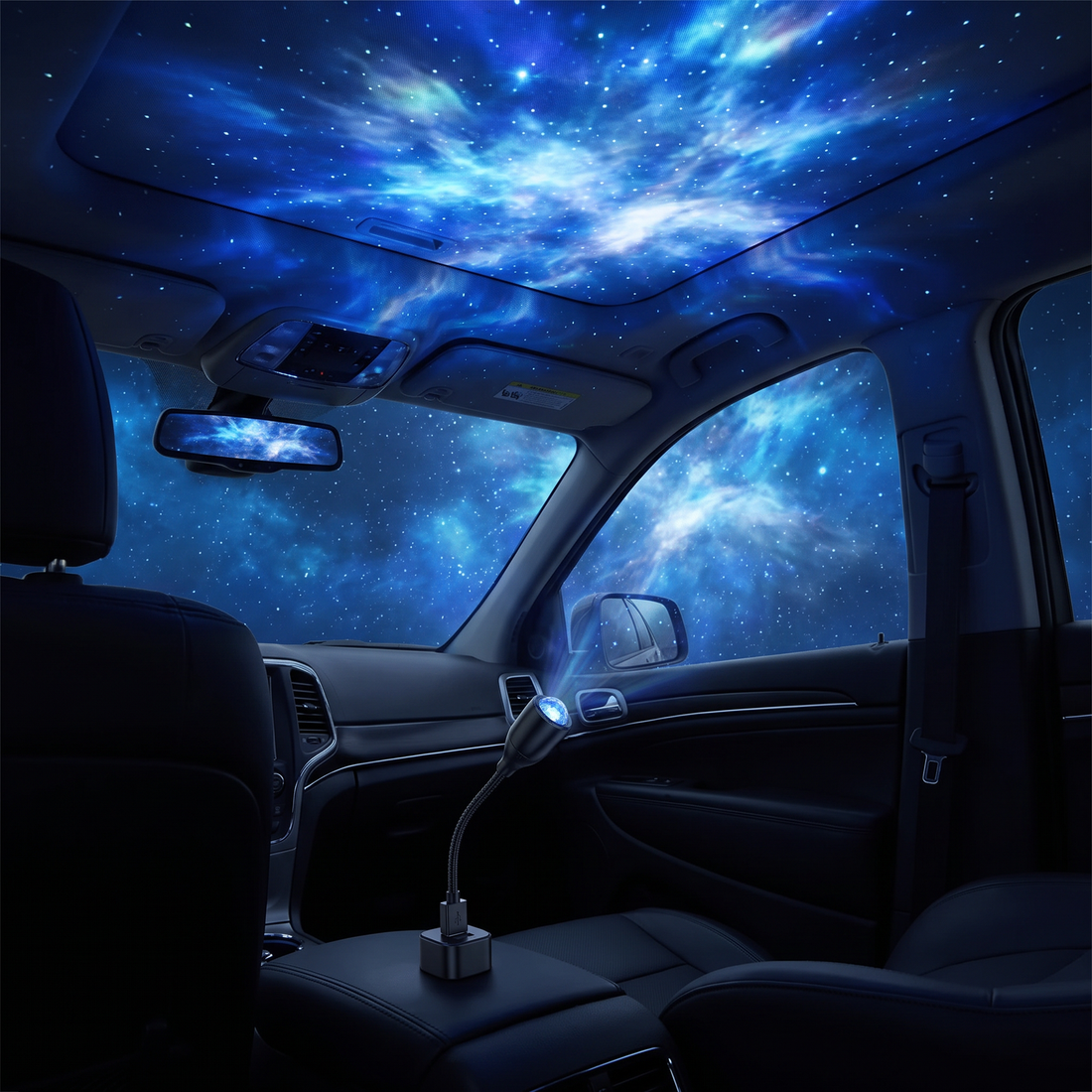 A blue nebula projected across the roof and windows of a parked car by the Solis Orbit USB projector in the dashboard socket