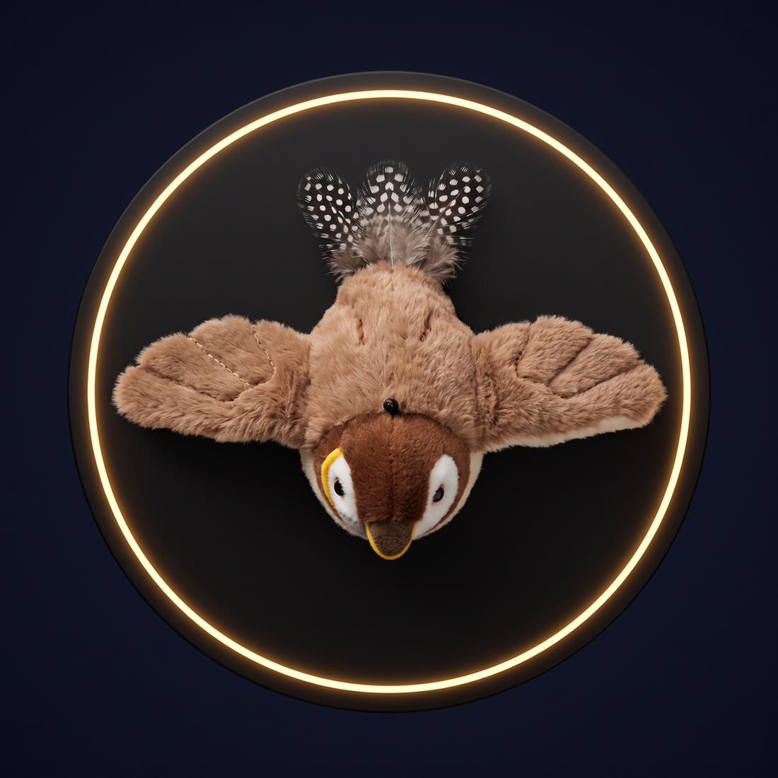 The Solis Wren plush cat toy bird seen from above on a lit black podium, both plush wings spread flat and its speckled feather tail fanned out