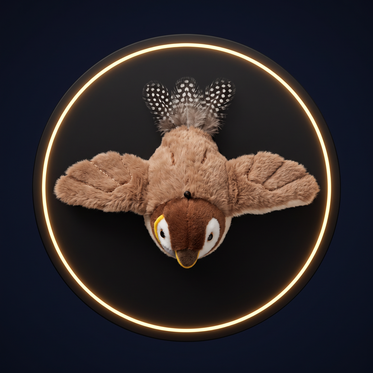 The Solis Wren plush cat toy bird seen from above on a lit black podium, both plush wings spread flat and its speckled feather tail fanned out