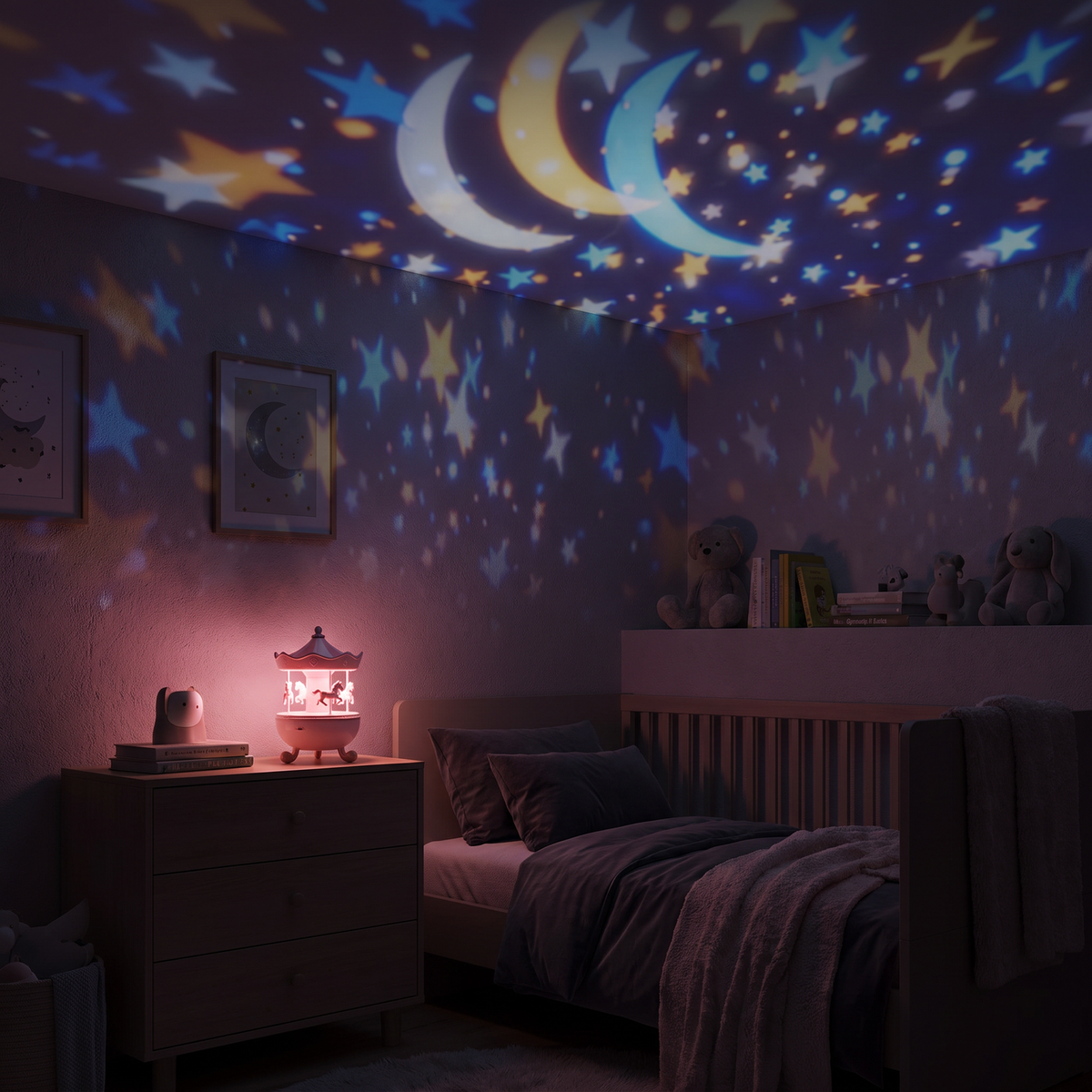 Moons and stars projected across a child's bedroom ceiling by the Solis Somnia night light standing on a chest of drawers
