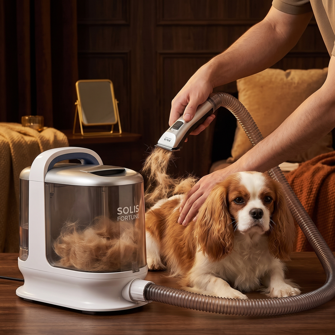 Cavalier King Charles spaniel lying on a bed being groomed with a Solis Groom Max hose and clipper head