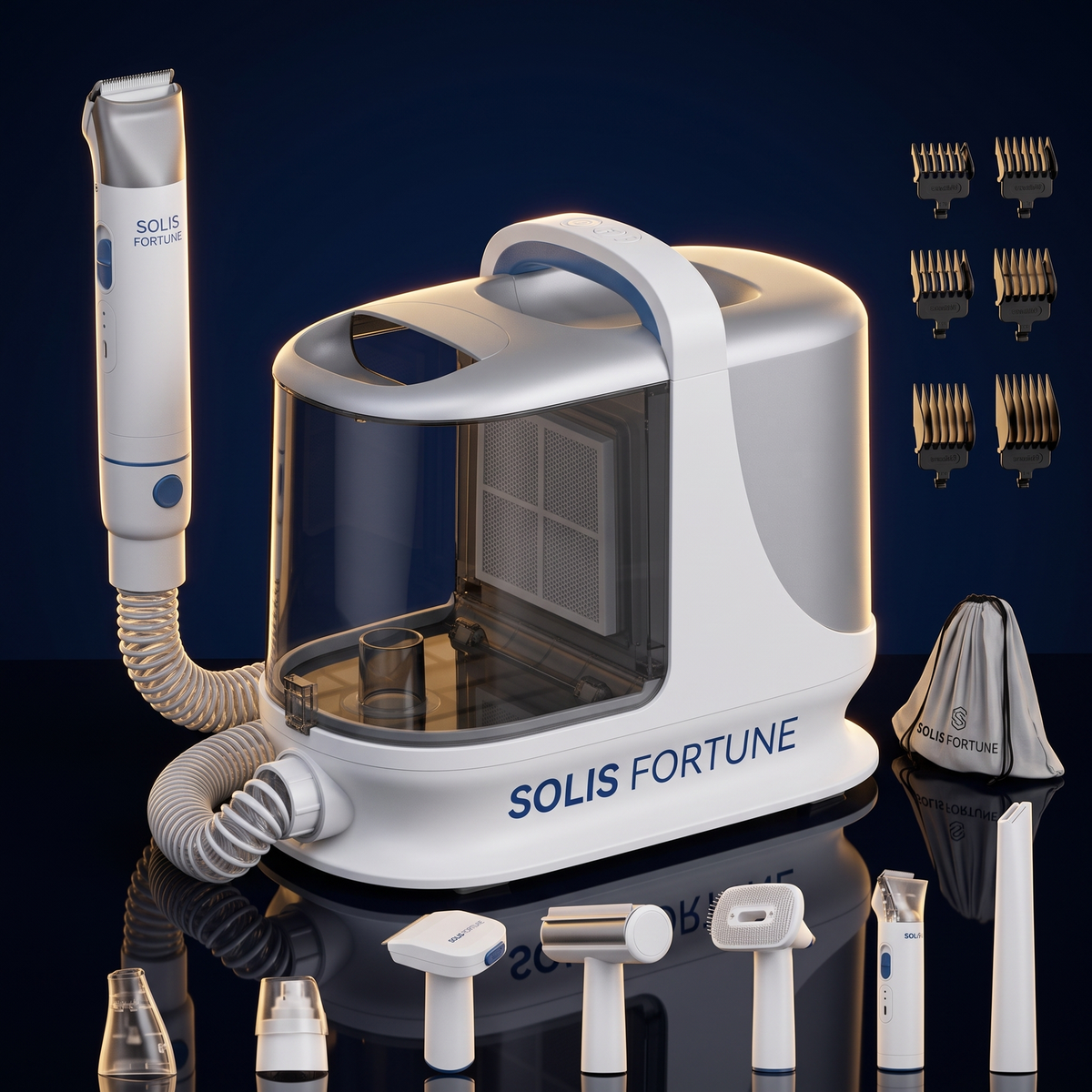 Solis Groom Max 7-in-1 grooming kit with canister, clipper, guide combs and tool heads arranged on a dark navy background