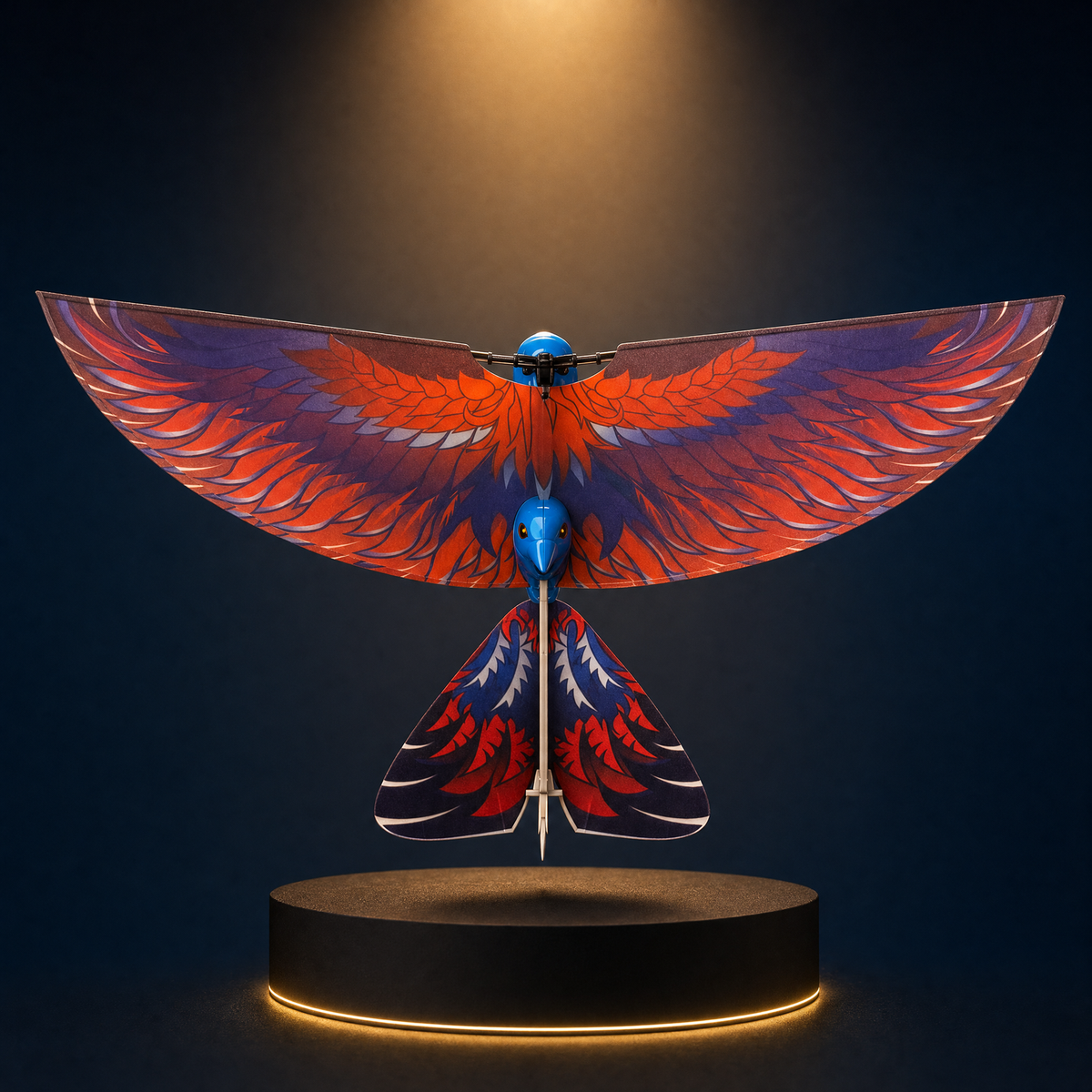 The Solis Falco radio-controlled bird with its wings spread, lit against a dark background