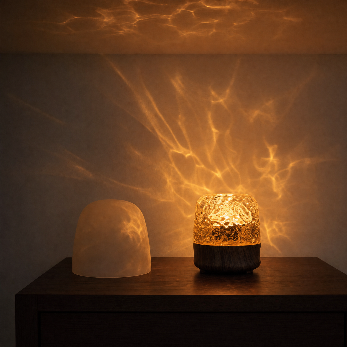 The Solis Lumen with its dome removed, throwing amber water-caustic ripples across a wall and ceiling in a dark room