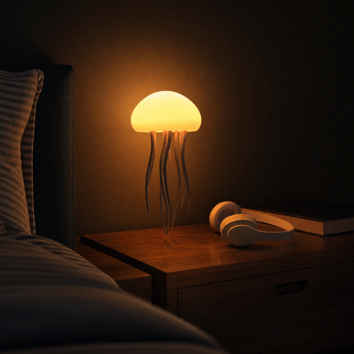 La lampe méduse Solis Medusa luisant en ambre sur une table de chevet en noyer dans une chambre sombre, à côté d'un casque audio et d'un livre