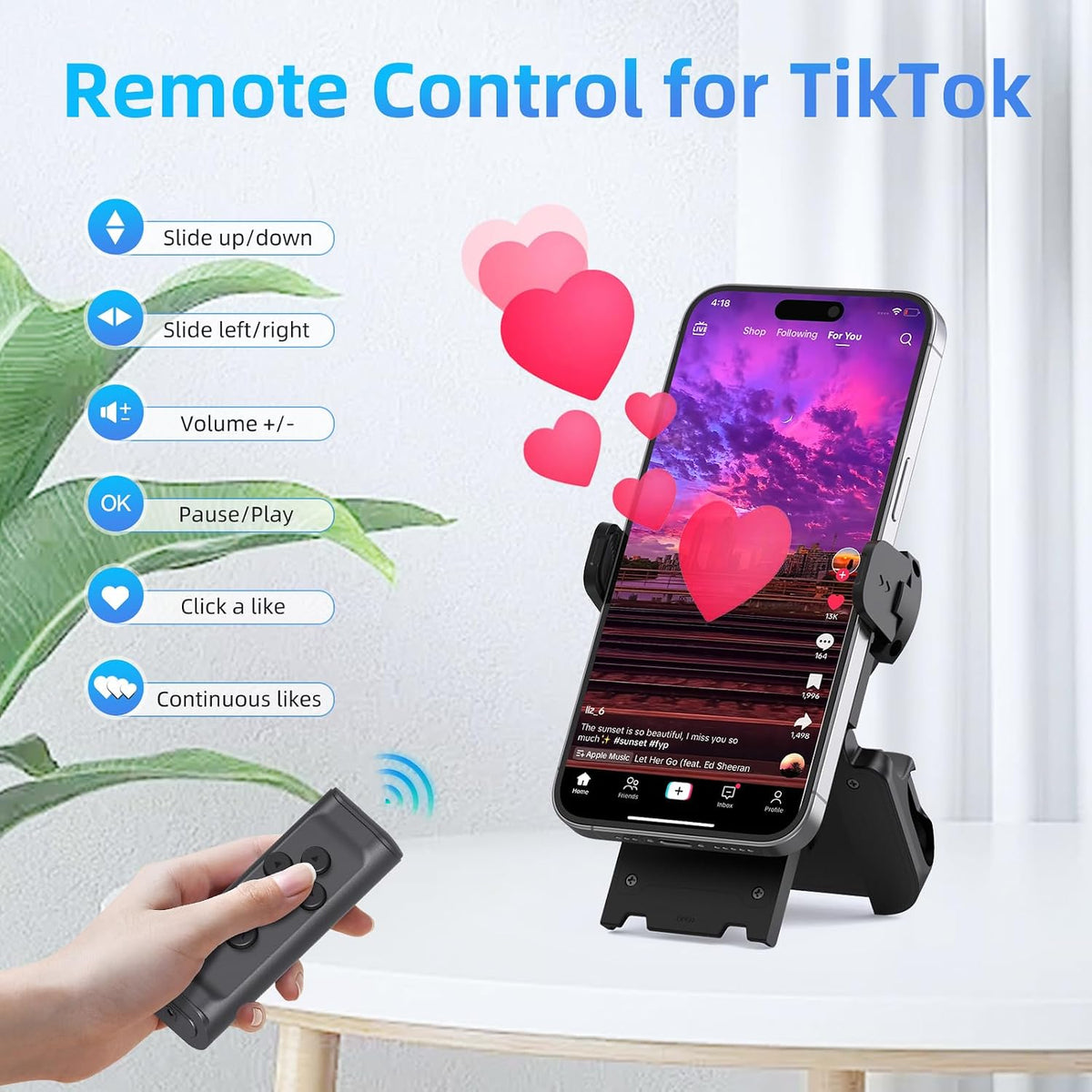 Phone stand rotating for portrait or landscape with the remote stored magnetically
