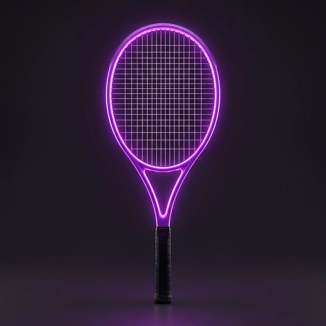 Solis Nightfall LED tennis racket with its frame glowing purple in the dark