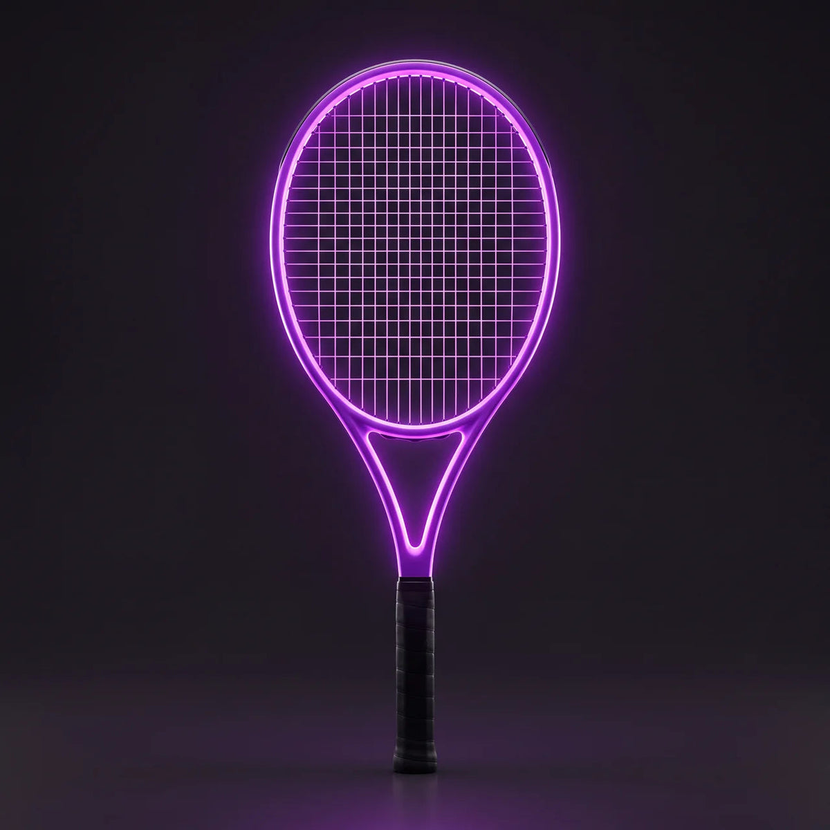 Solis Nightfall LED tennis racket with its frame glowing purple in the dark
