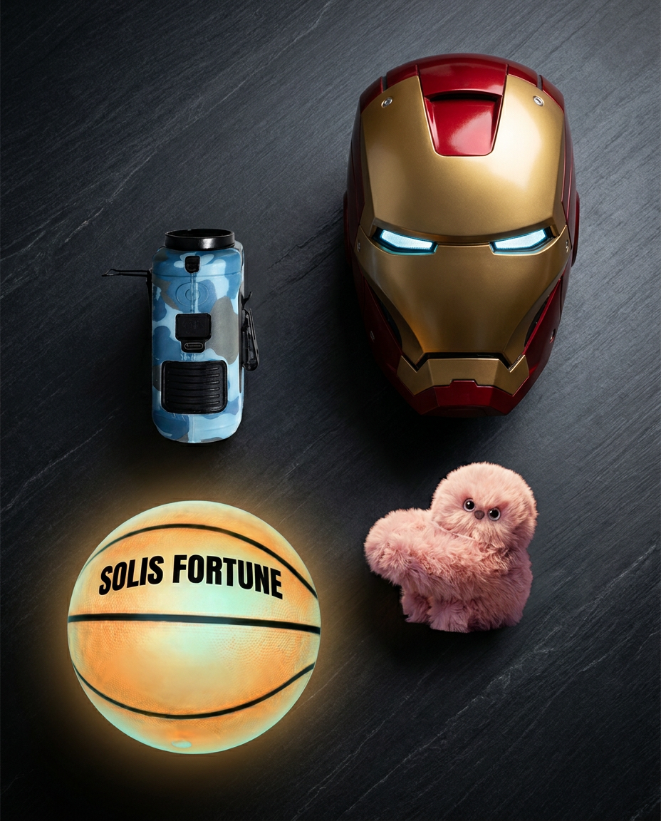 The Solis Fortune range — helmet, waist fan, LED basketball and Pip companion