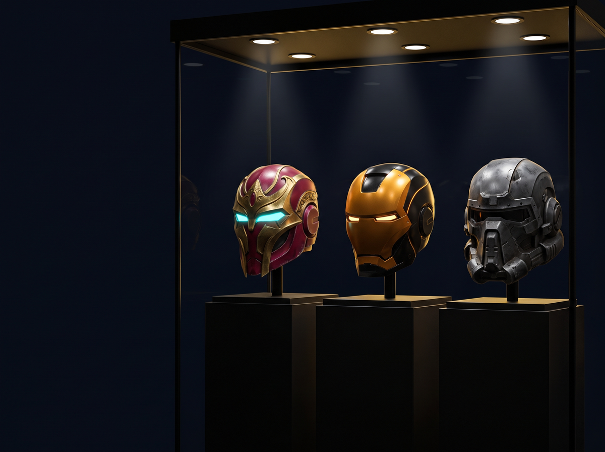 Three collector helmets on plinths in a dark vitrine