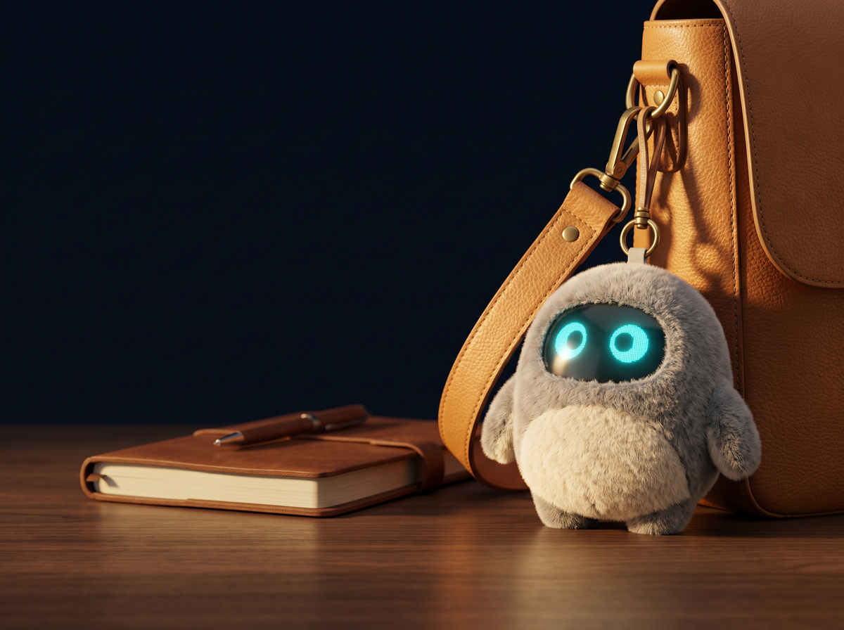 Plush robot companion clipped to a leather bag strap
