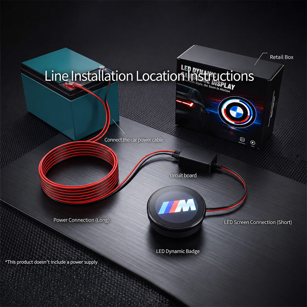 Wiring layout: the badge, its control module and the 12 V power lead running back to the car's supply