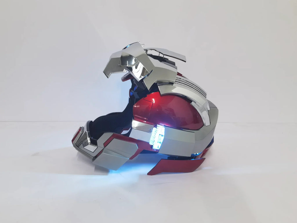 Solis Aegis MK-XVII helmet in Silver & Red — faceplate open