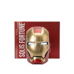Solis Aegis MK-V collector helmet, faceplate down and eyes lit, in front of its red Solis Fortune box