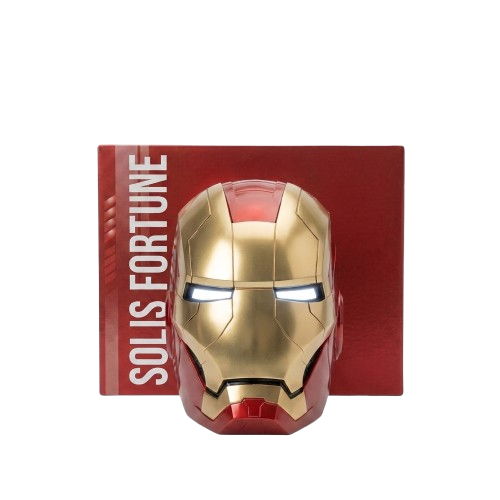 Solis Aegis MK-V collector helmet, faceplate down and eyes lit, in front of its red Solis Fortune box