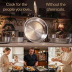 Family cooking together in a warm kitchen with Solis Forge titanium pans, captioned cook for the people you love without the chemicals