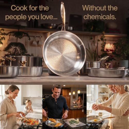 Family cooking together in a warm kitchen with Solis Forge titanium pans, captioned cook for the people you love without the chemicals
