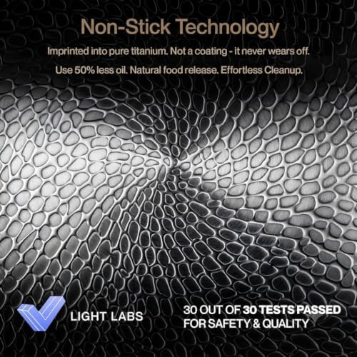 Macro of the hammered titanium cooking surface, captioned non-stick technology imprinted into pure titanium, not a coating