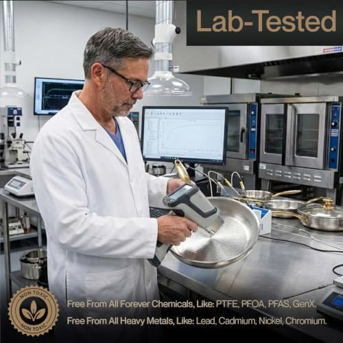 Laboratory technician testing a Solis Forge pan, captioned lab-tested and free from PTFE, PFOA, PFAS and GenX