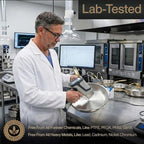 Laboratory technician testing a Solis Forge pan, captioned lab-tested and free from PTFE, PFOA, PFAS and GenX
