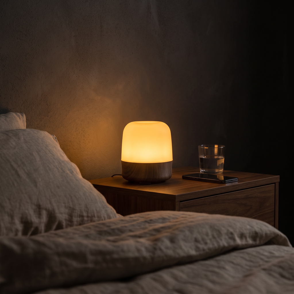 The Solis Lumen glowing on a bedside table in a dark bedroom