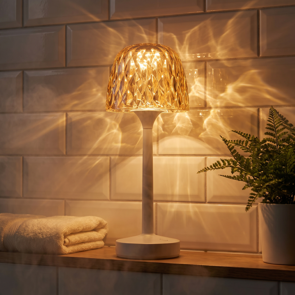 The Solis Vesta lit on a shelf in a dark bathroom, ripple light across the tiles