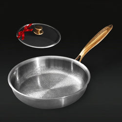 Solis Forge 12-inch hammered titanium frying pan with its tempered glass lid and wooden-look handle on a dark background