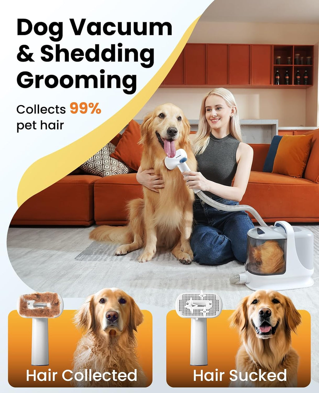 Solis Groom Max 7-in-1 — deshedding a retriever with the hair drawn straight into the canister