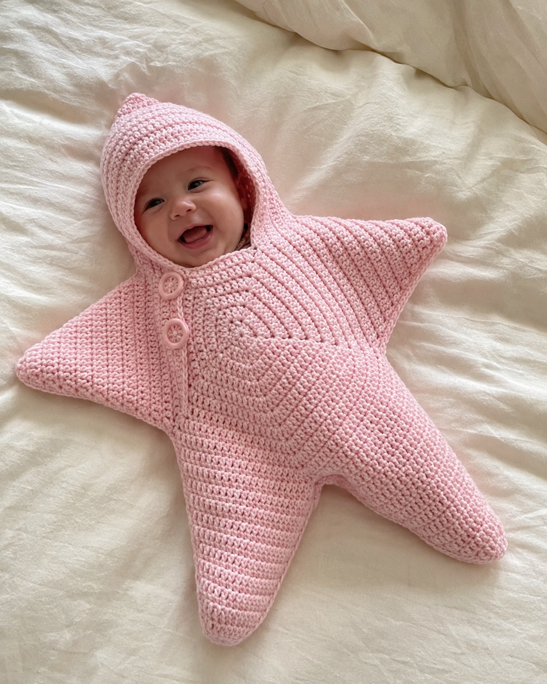 A baby lying on a bed in the pink Solis Star Suit, arms and legs filling four of the five points
