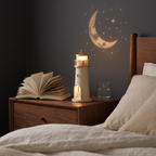 The Solis Pharos lit on a bedside table in a dark bedroom