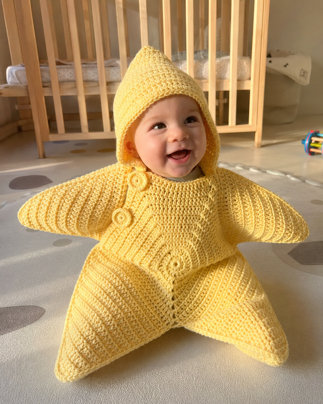 A baby sitting up in the yellow Solis Star Suit with the hood on