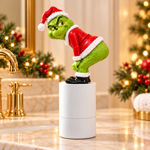Furzender Grinch Seifenspender, lustiger Seifenspender Weihnachten mit Furzgeräusch im roten Weihnachtsmannkostüm, Bad-Deko & Scherzgeschenk — Solis