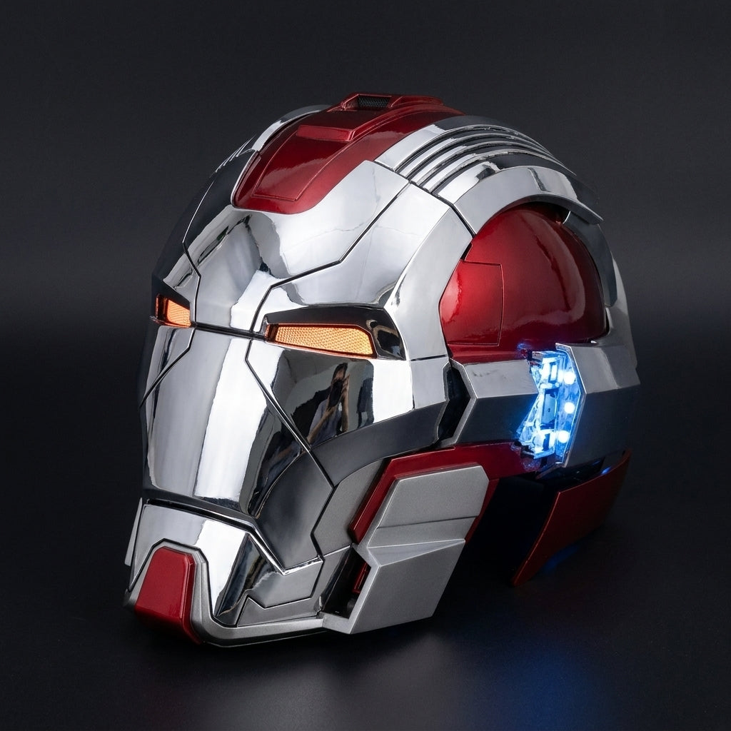 Solis Aegis MK-XVII helmet in Silver & Red — three-quarter view, eyes lit