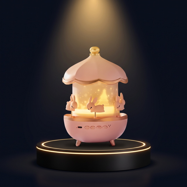 The Solis Somnia rotating night light on a lit black podium