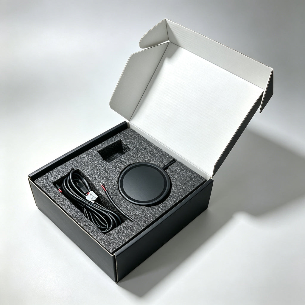 The hard-wired version in its box with the long 12 V loom