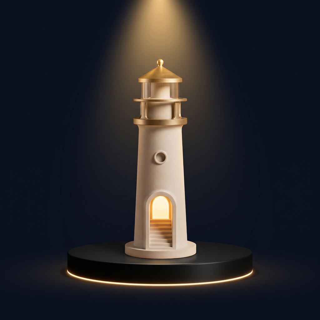 The Solis Pharos lighthouse lamp on a lit black podium, warm light in its tower window