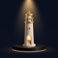 The Solis Pharos lighthouse lamp on a lit black podium, warm light in its tower window