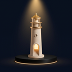 The Solis Pharos lighthouse lamp on a lit black podium, warm light in its tower window