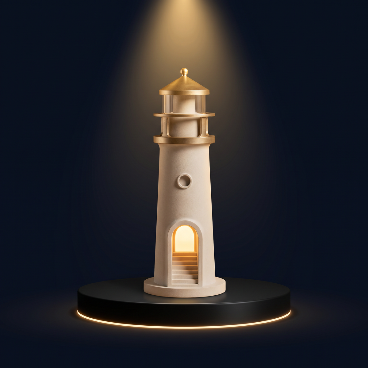 The Solis Pharos lighthouse lamp on a lit black podium, warm light in its tower window
