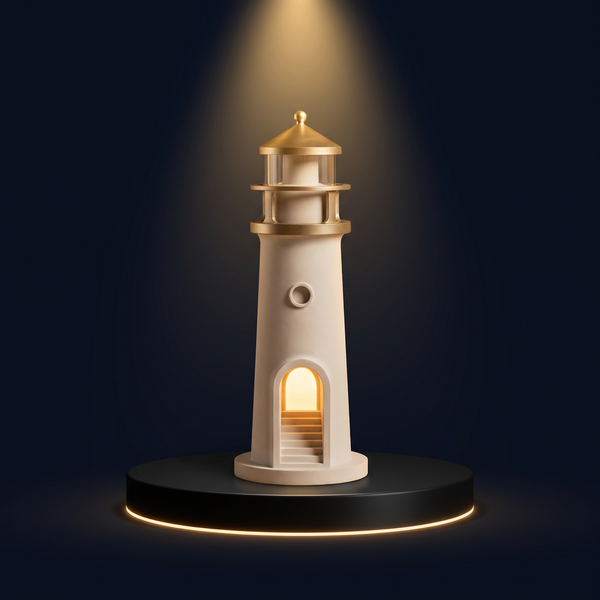 La lámpara faro Solis Pharos sobre un podio negro iluminado, con luz cálida en la ventana de la torre