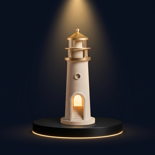 The Solis Pharos lighthouse lamp on a lit black podium, warm light in its tower window