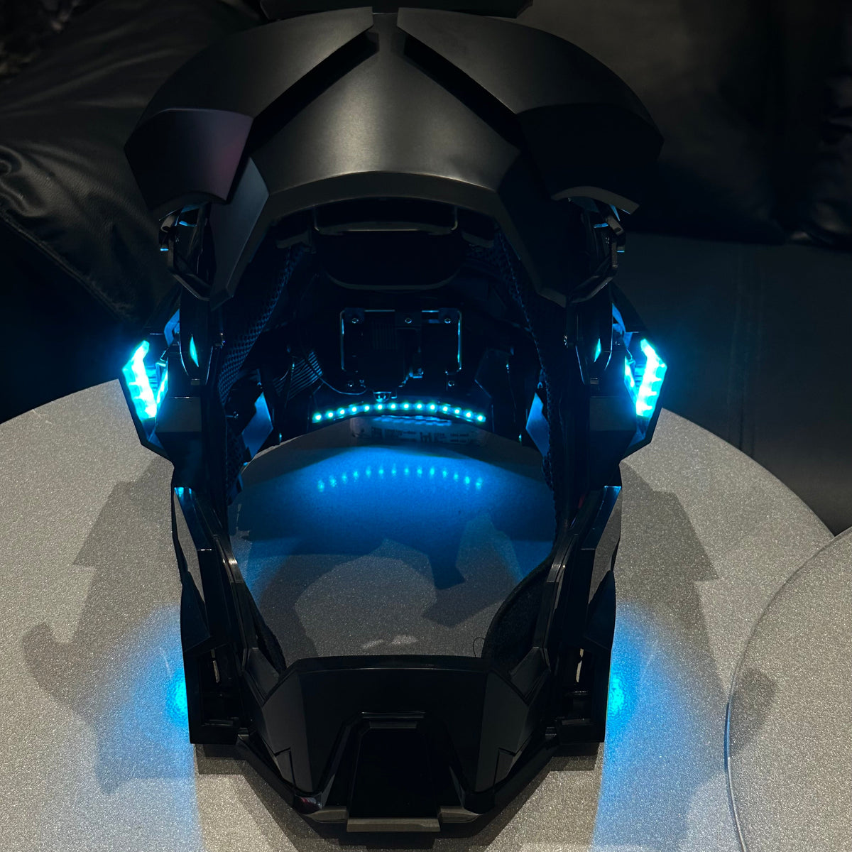Solis Aegis MK-XVII helmet in Dark Edition — lit from below