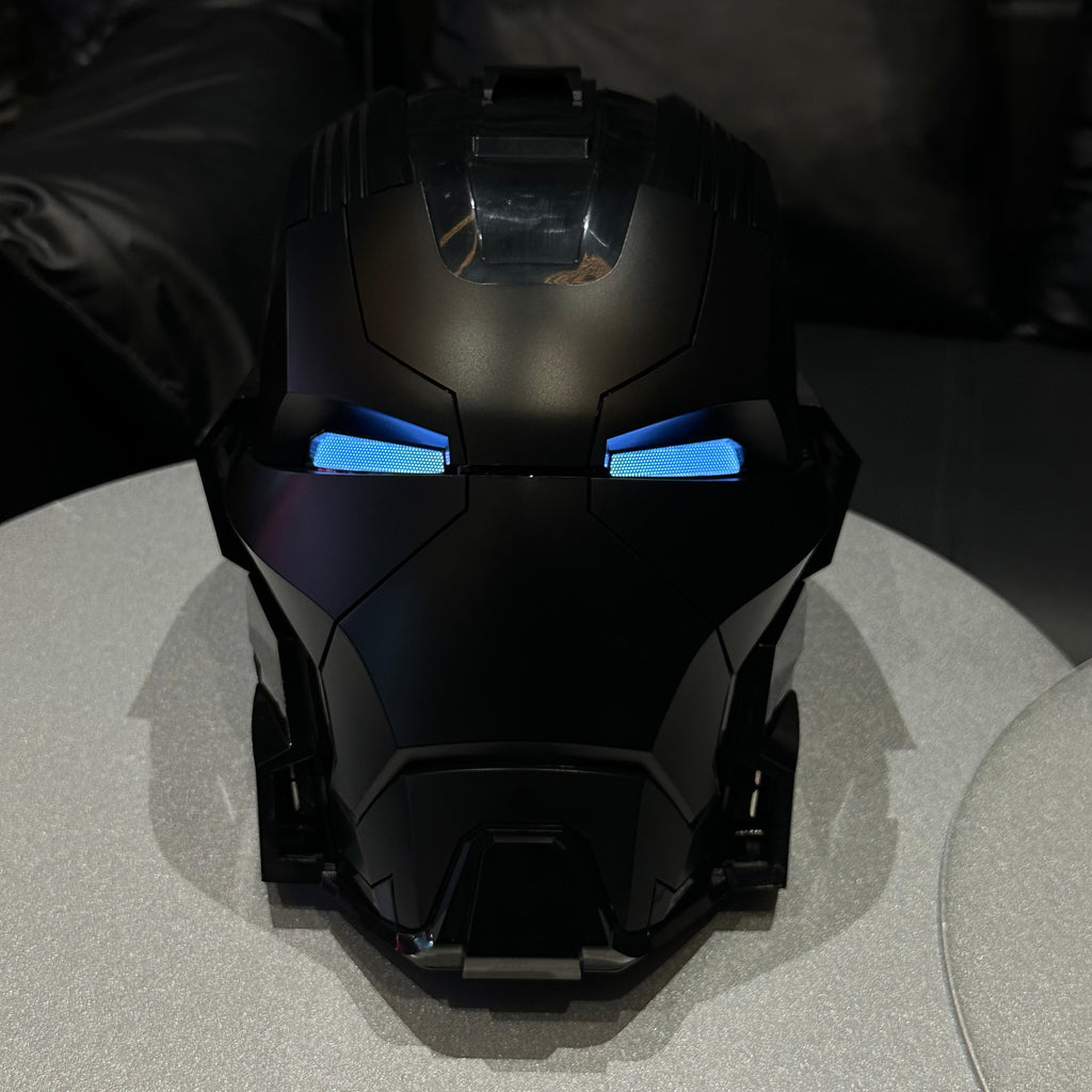 Solis Aegis MK-XVII helmet in Dark Edition — blue eyes lit