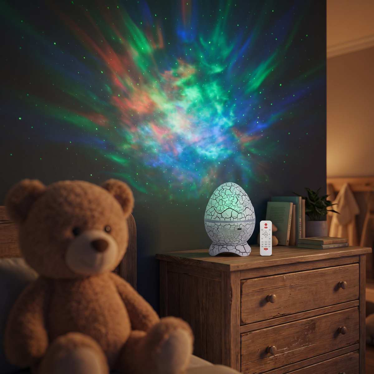 The Solis Ovum lit on a chest of drawers in a dark bedroom