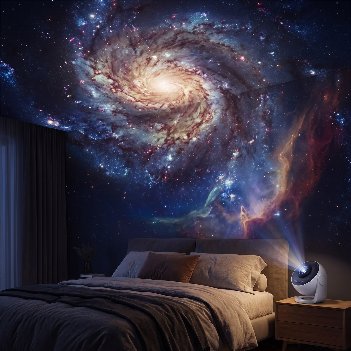 The Solis Astra throwing a deep galaxy image across a dark bedroom ceiling