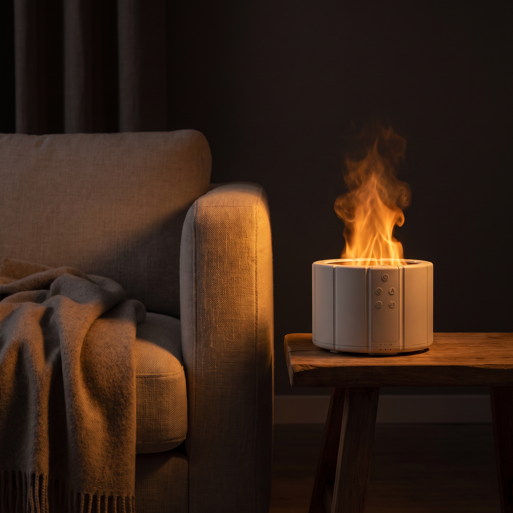 The Solis Pyre running on a side table in a dark living room
