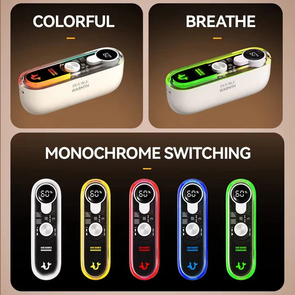 Solis Ember twin hand warmers light modes: colourful, breathe, and monochrome switching shown in five single colours