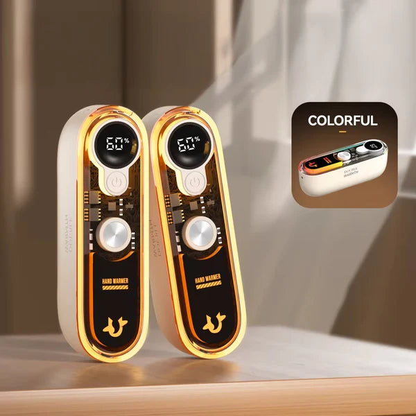 Solis Ember twin hand warmers standing upright as a pair, control faces lit and showing 60°C